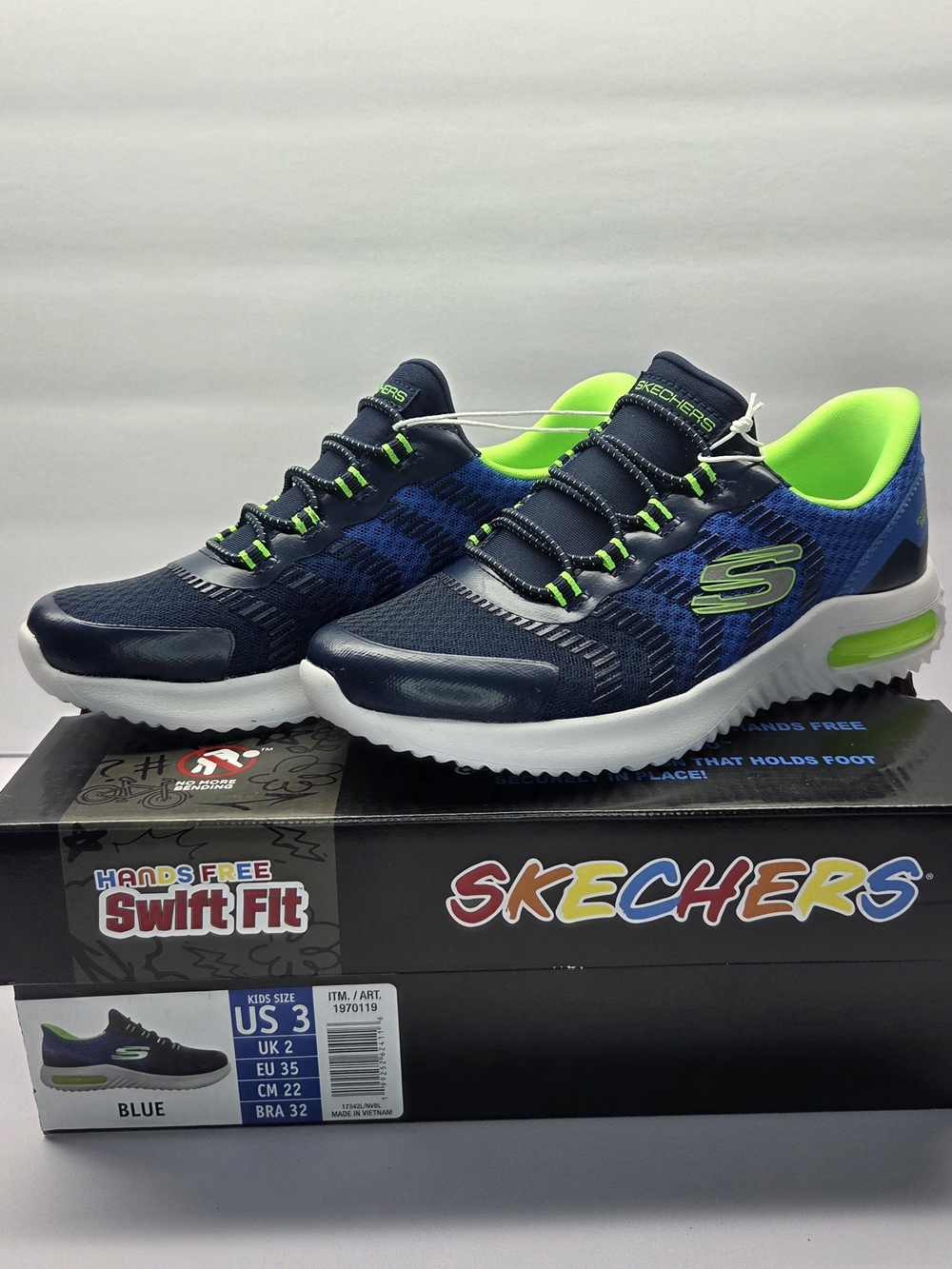 Skechers Kids Navy and Neon Green Slip-On Sneakers Size 3